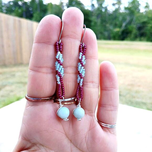 Amazonite Gemstone Spiral Beaded Dangle Earrings, Artisan Boho Chic 3" - Picture 5 of 9